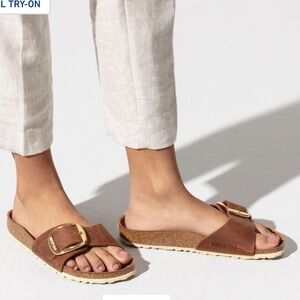 Birkenstock Madrid Big Buckle Women’s 8-8.5 EU 39 MedNarrow Oiled Leather Cognac